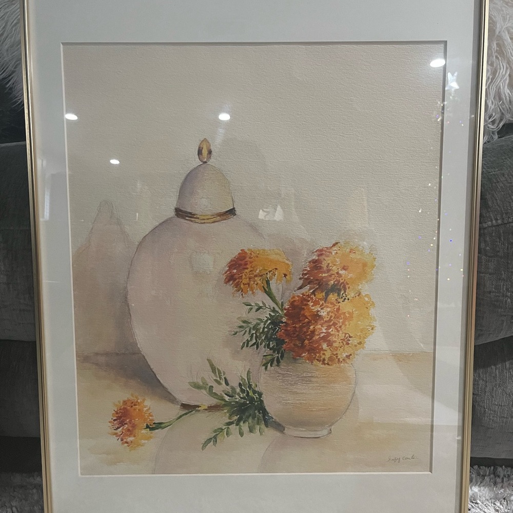 Vintage gold framed still life watercolor chrysanthemum painting By Susy Carter